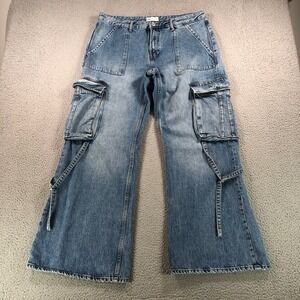 Zara Jeans Womens 14 Blue Cargo TRF Wide Leg Y2K Relaxed High Rise Strap Pockets